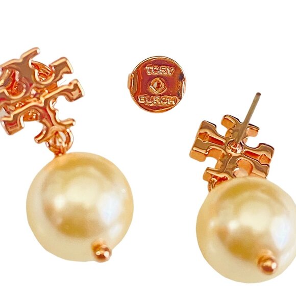 NEW Tory Burch Rose Gold T-Logo Swarovski Crystal Pearl Drop Earrings NWT $135 - Picture 2 of 5